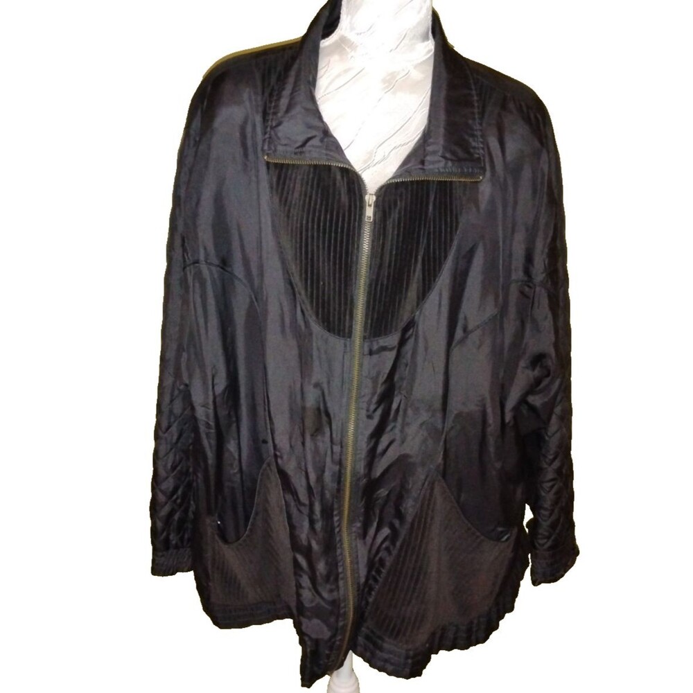 LAVON Silk Vintage Windbreaker Jacket Womens 2X 80s 90s Full Zip Black pockets